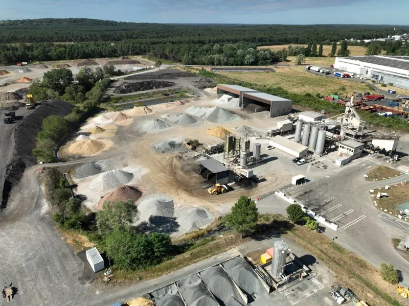 Aerial drone view of a quarry and its concrete batching plant — survey for volume calculation by Dronexperts